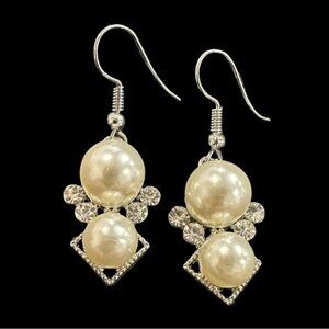 Elegant Faux Pearl Dangle Earrings With Rhinestone Accents & Silver-Tone Hooks